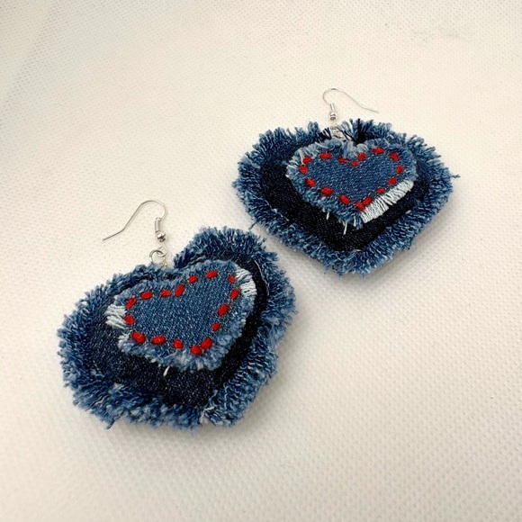 Handcrafted Jewelry - Denim Heart Earrings Handcrafted Embroidered Silver Tone Hypoallergenic